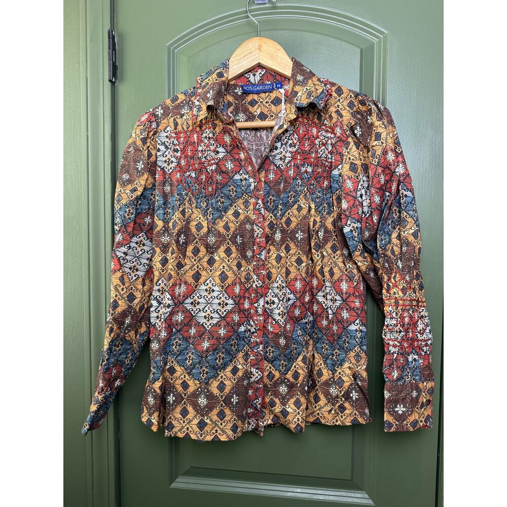 NWT Ro's Garden Gin Shirt Smocked Embroidered Boho Top Button Up Lachen Brown XS